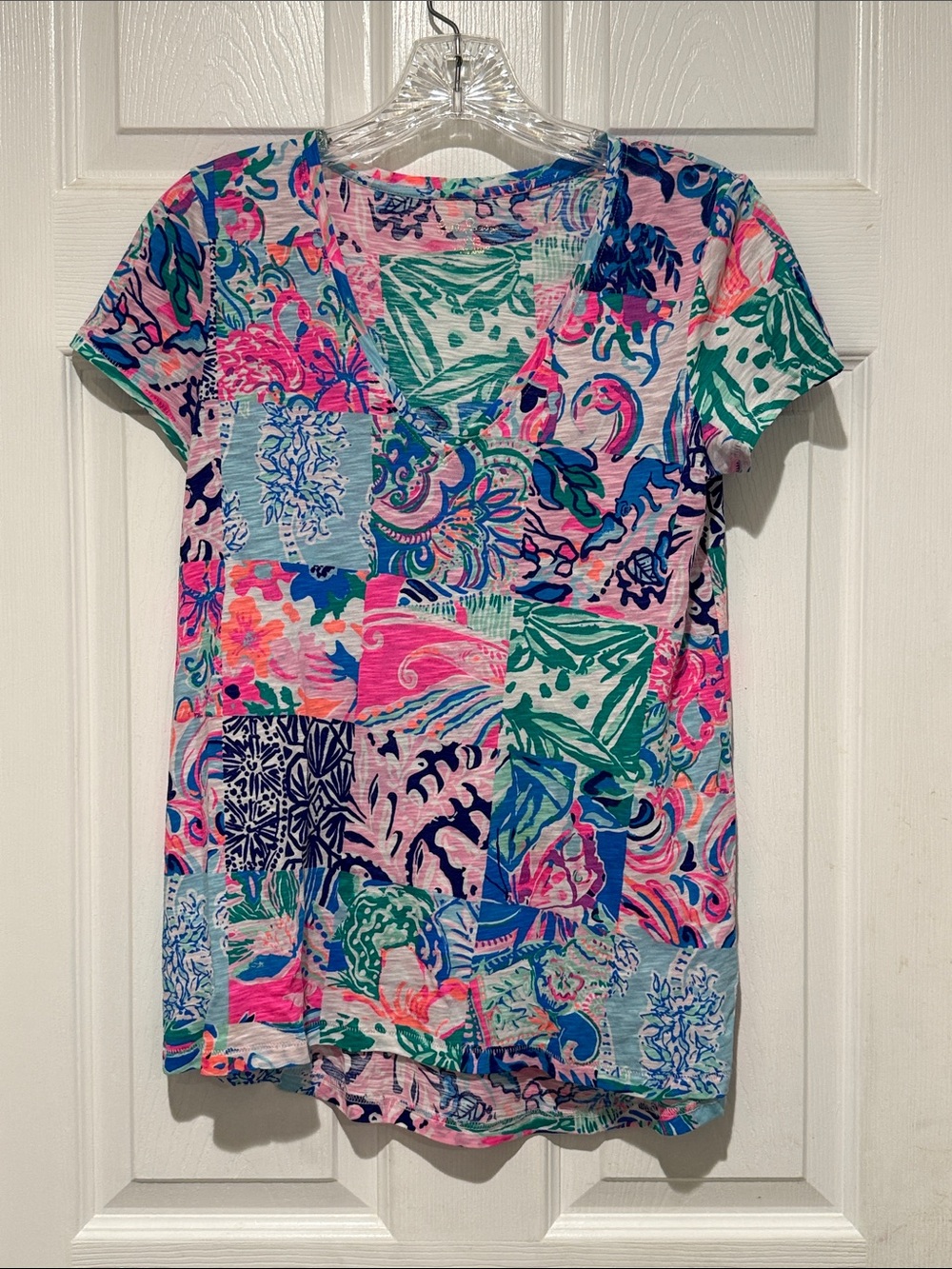 Lilly Pulitzer Patchwork Floral V-Neck Tee in Pink, Blue & Green